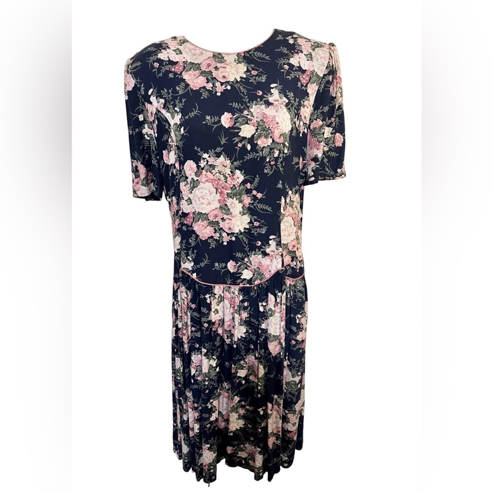 Vintage L Drop Waist Midi Dress Navy Pink Rose Short Sleeeve Pleated Women